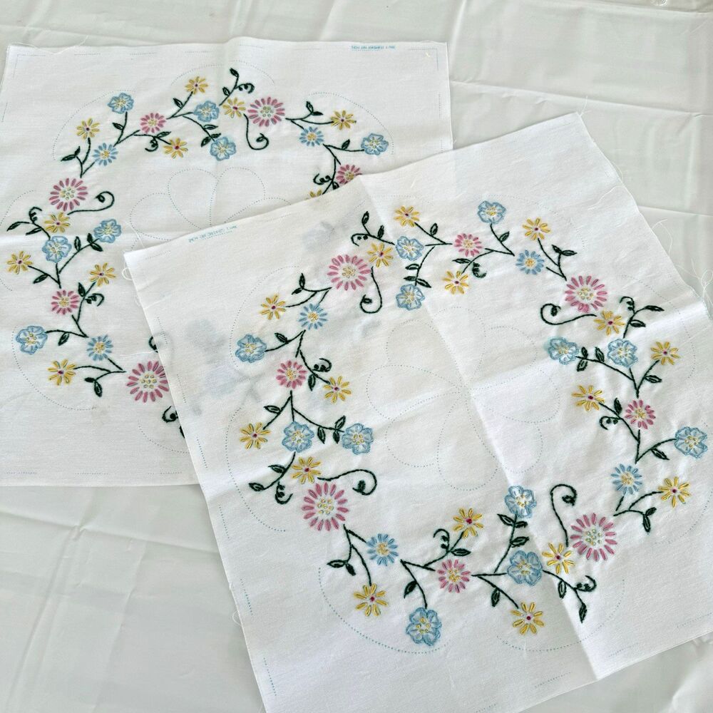 Hand Embroidered Quilt Squares 17.5" Floral Wreath Cotton Blend Unfinished READ